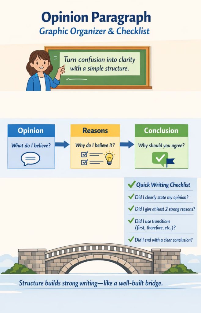 Opinion paragraph graphic organizer with opinion, reasons, conclusion and writing checklist